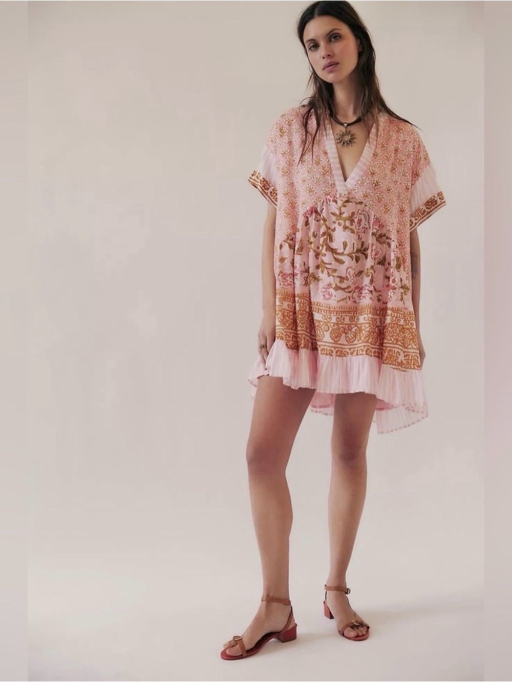 Free People Pink Floral Embroidered V-Neck Agnes Dress NWOT